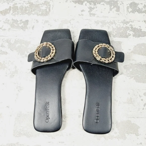 NEW Open Edit Lely Black Faux Leather Square Toe Flat Slide Sandals F68 - Picture 6 of 11